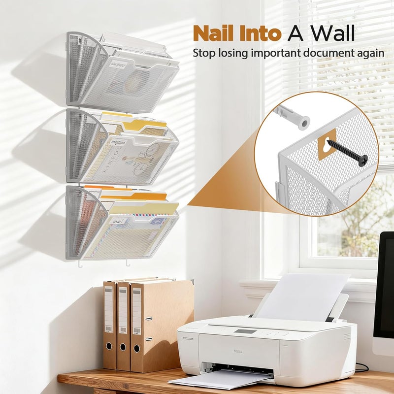 Docnest 3 Tier Mesh Wall File Holders with Hooks – 3 Pack Hanging Letter Holder - Document Organizer for Mail, Paper, Office, Home, School – Space-Saving Wall Mounted Folder Holder – White - Image 4